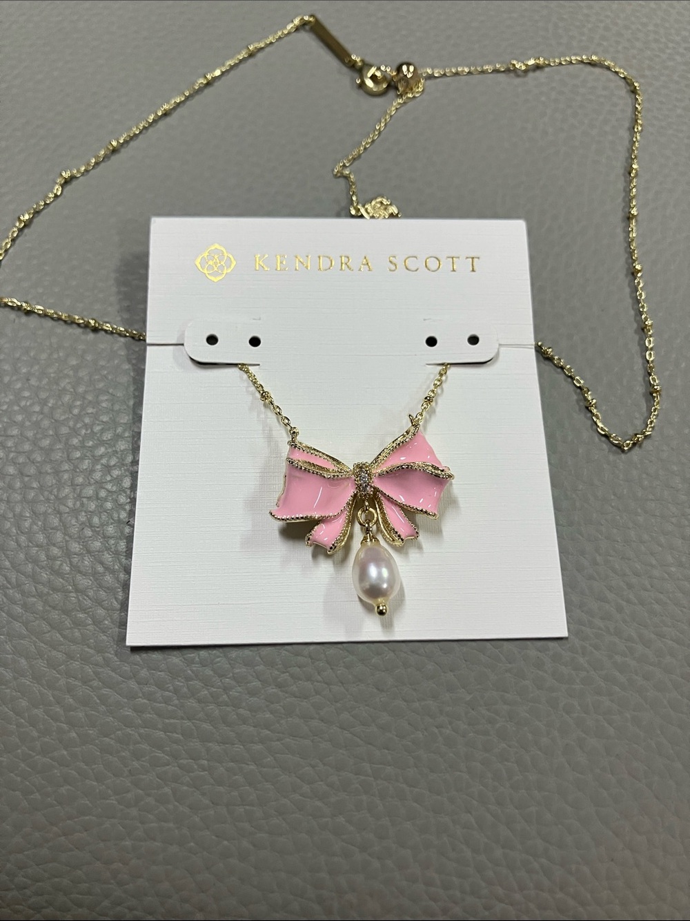 Kendra Scott Pink Enamel Bow Necklace with Pearl Drop